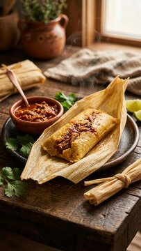 Hot Mexican tamale with shredded meat filling served on rustic wooden table with salsa bowl
