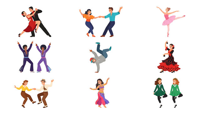 Diverse dancers performing ballet flamenco breakdance ballroom and disco styles dancing