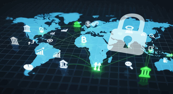 Global network security digital padlock over world map with financial icons
