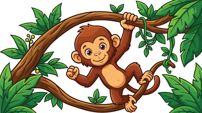  Cute cartoon monkey hanging on tree branch vector illustration with tropical jungle leaves isolated on white background