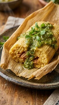 Mexican tamale with green salsa on corn husk over rustic wooden table background