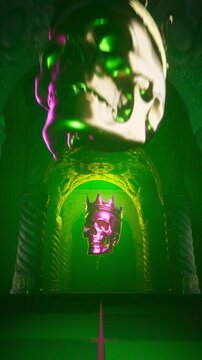 Atmospheric Motion Background of Glowing Mystic Green Skull Hovering in Purple Gothic Temple