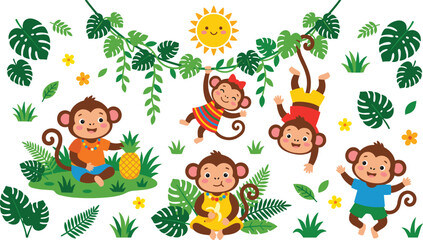 Fototapeta premium Cute jungle monkey character vector icon set with cartoon little chimps hanging on vines playing with tropical leaves