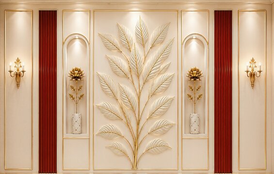 Modern Luxury 3D Leaf Feature Wall Panel with Symmetrical Arched Niches and Gold Flowers AI Generated Artwork