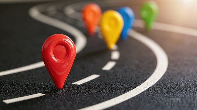 Location pin markers on a winding road representing travel navigation and strategy