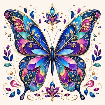 Blue and purple butterfly with intricate ornamental patterns and gold details decorative insect winged creature symmetric design fantasy butt