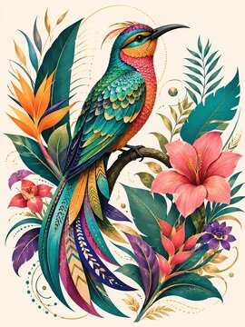 Exotic tropical bird perched on a branch among flowers and lush green leaves with tropical wildlife colorful hibiscus illustration feathers