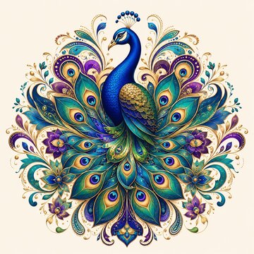 Majestic peacock with ornate blue and green feathers surrounded by decorative floral mandala patterns feathers decorative colorful wildlife