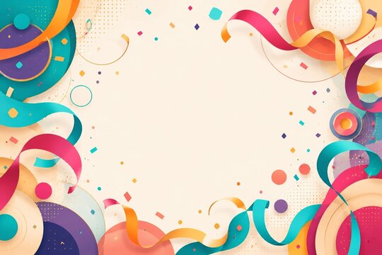 Colorful festive party background with floating confetti and winding ribbons framing a blank center space background confetti celebration