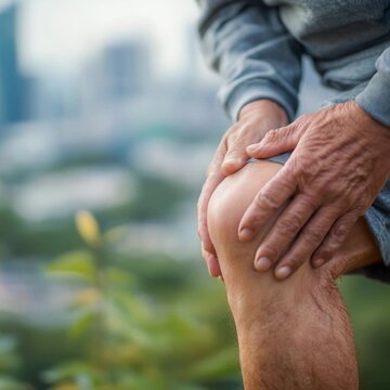 Senior man with wrinkled hands massaging his knee due to joint pain, arthritis or injury