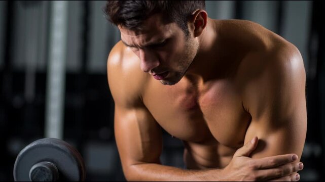Athletic man with a painful expression holding his injured shoulder muscle during training at the gym
