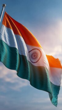 Majestic flag of india fluttering in the wind against a beautiful sunset sky with clouds