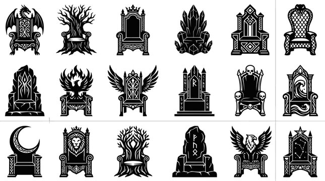 Fantasy Royalty Thrones Black and White Glyph Icons Set for Gaming and Medieval Themes