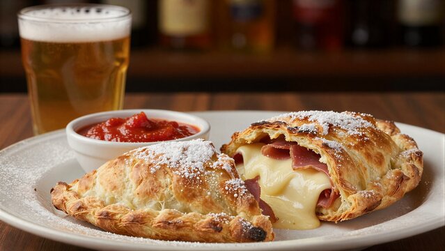 Golden calzone with cheese, ham, and powdered sugar beside a beer and tomato sauce.