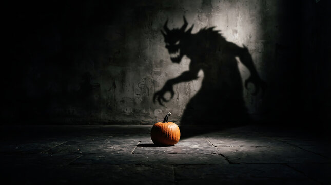 Halloween monster shadow looms over carved pumpkin in eerie dark setting