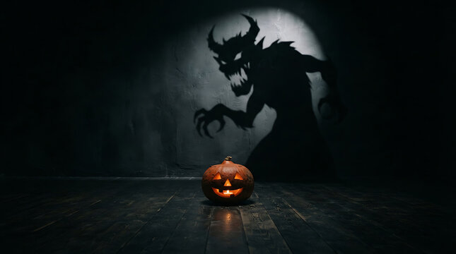 Eerie monster shadow looms over carved pumpkin in dark Halloween scene