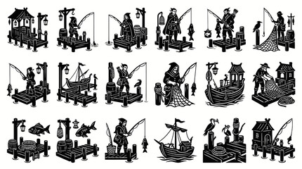 Fototapeta premium Vintage Fishing Woodcut Style Illustrations: Fishermen, Angling, Docks Boats in Black and White Art