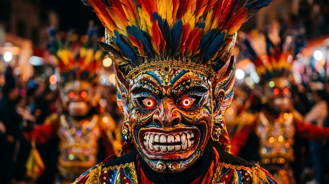 Intense Diablo Mask with Glowing Eyes at Oruro Carnival Bolivia.
