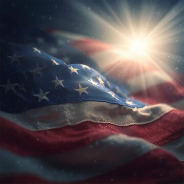 Waving american flag flying in a beautiful slow motion with sun flare and dust particles