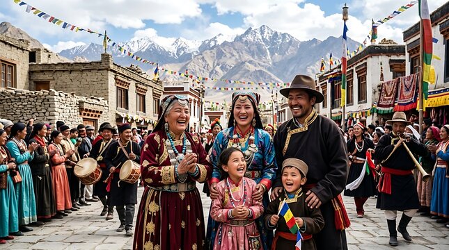 Joyful Ladakhi Family Celebrating Traditional Festival in a Mountain Village.