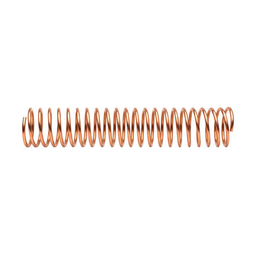 Metal spring made of copper wire lies horizontally displaying a consistent coil pattern.