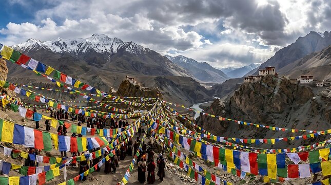 Colorful Buddhist prayer flags fluttering in the Himalayan mountains of Ladakh India with snow-capped peaks and a valley in the background.