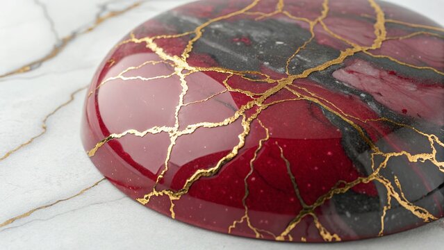 Glossy raspberry red and charcoal marbled resin texture with luxurious swirling polished depth.
