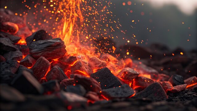 Glowing embers and charcoal texture featuring fiery sparks intense warmth and dramatic energy.