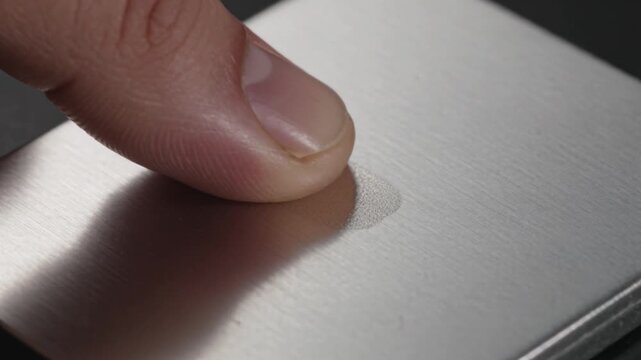Close-up of a finger gently touching a brushed aluminum surface, highlighting its texture and metallic sheen