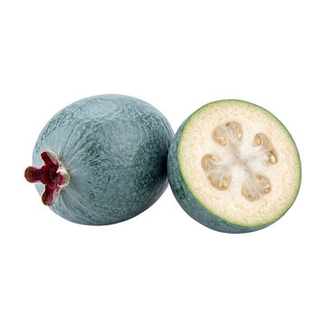 Feijoa fruit rests whole next to a cut half showing seeds against a white background.