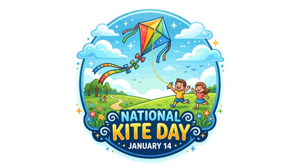 Naklejka premium Cheerful Children Flying a Vibrant Kite in a Sunny Outdoor Park, Celebrating National Kite Day with Playful Vector Illustration