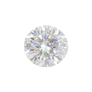 Diamond gemstone in a round brilliant cut shows sparkling facets isolated on white.