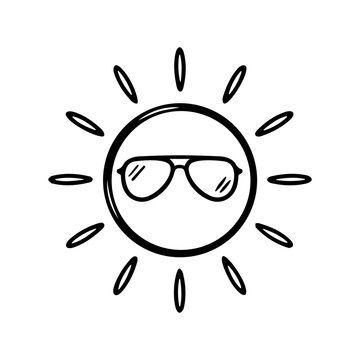 A black and white line art illustration of a cool sun wearing sunglasses. This minimalist doodle style icon is perfect for summer, vacation, and weather designs with an isolated background.