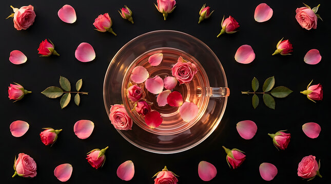 Delicate Pink Rose Buds and Petals Arranged Artfully Around a Glass Cup of Rose Tea on a Dark Textured Surface Offering a Serene and Aromatic Beverage Experience