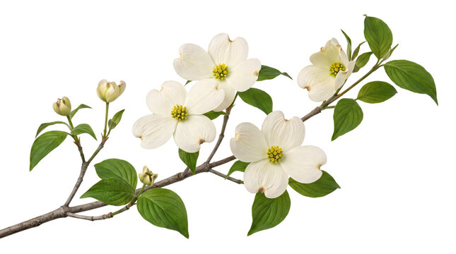 Branch with white dogwood flowers and green leaves isolated on png transparent background