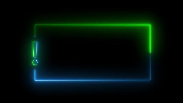 neon Minimal Warning Frame with Exclamation Mark and Copy space animation icon with a black screen . Exclamation mark frame for quizzes and FAQs. Game announcement message animation 4k