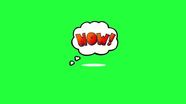 Animated comic book speech bubble with the word n o w in bold red 