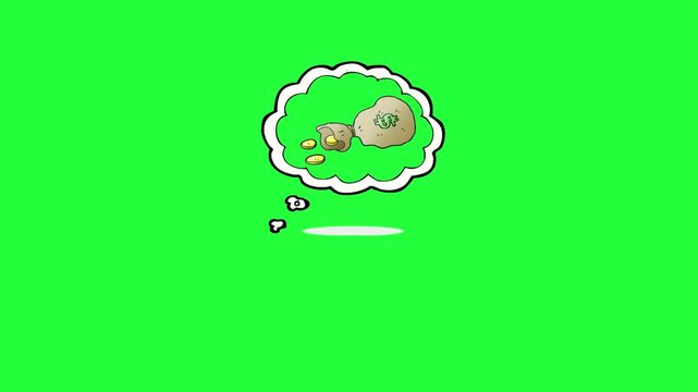 Cartoon thought bubble with money bag and coins animation on green 