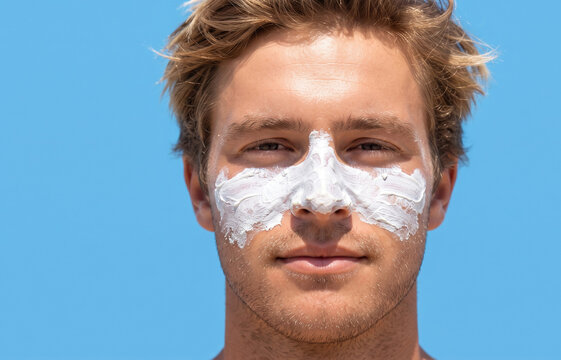 Young man face with thick white sunscreen zinc oxide cream for sun protection