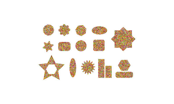 A collection of various geometric shapes and star figures rendered with a vibrant multi-colored confetti or speckled texture pattern isolated on a plain field Isolated on transparent background