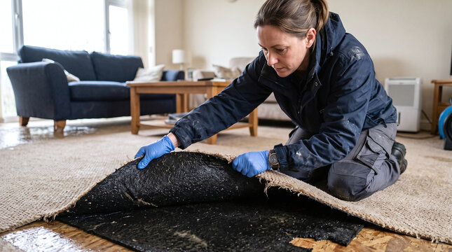Female restoration specialist lifting wet carpet and soaked underlay in home.