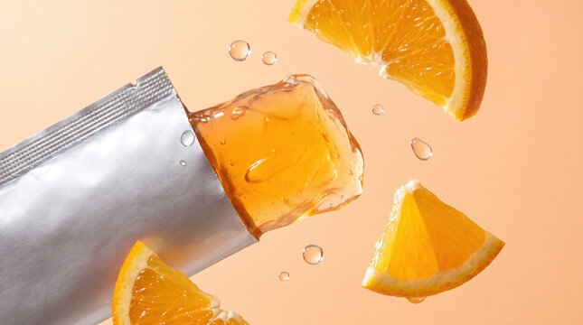 Orange collagen jelly stick supplement with fresh orange slices and drops