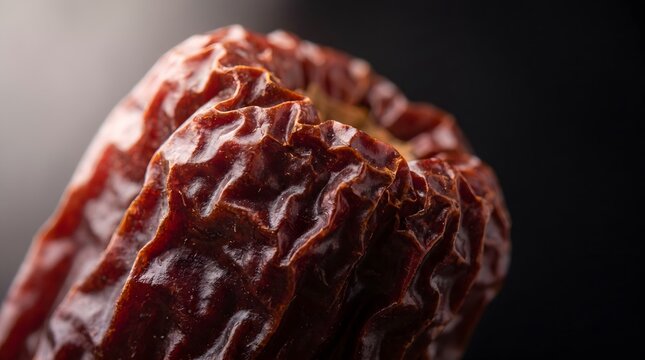 Extreme macro shot of wrinkled dried date fruit texture on a dark background