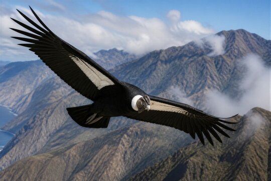 Andean condor soaring above rugged alpine mountain peaks