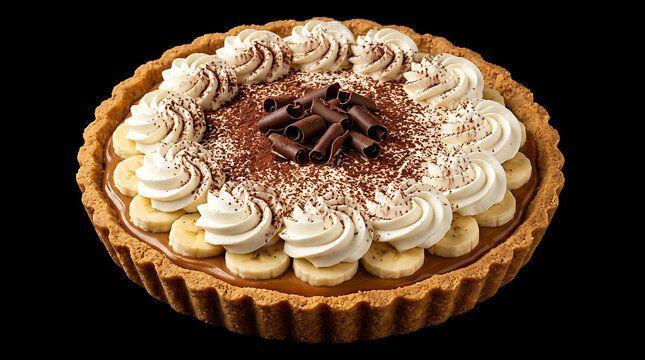 Delicious Banoffee Pie with Cream and Banana Slices on a Crusty Base Sprinkled with Chocolate Shavings and Cocoa Powder