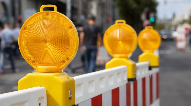 Yellow construction warning lights mounted on a red and white striped road barrier.