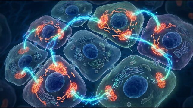 Bioenergetics concept ,Cell energy transfer mitochondrion nucleus biological connection glowing arcs linking cells microscopic
