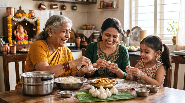 Happy Indian family making traditional modaks for Ganesh Chaturthi festival