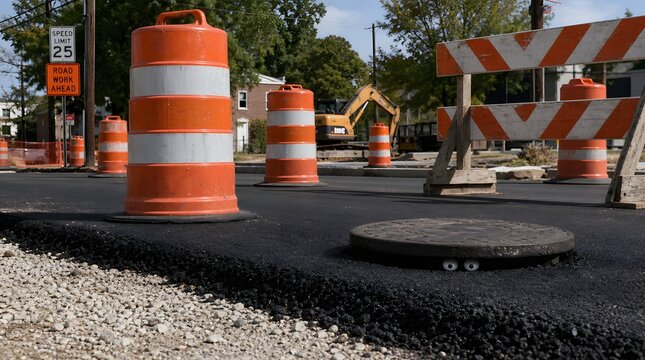 Freshly paved black asphalt road with orange construction barrels and manhole cover.
