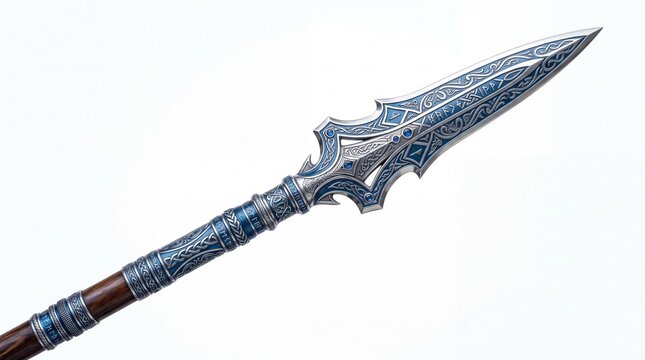 Ornate medieval spear featuring detailed silver metalwork with intricate blue engravings and a polished wooden shaft on white background